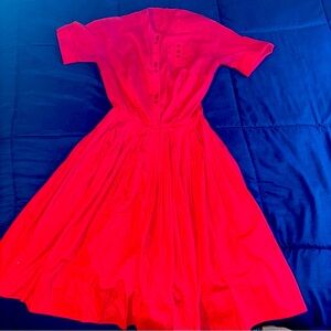 Short Sleeve Red Button-Up Fit and Flare 1950s Vintage Shirt Dress Medium